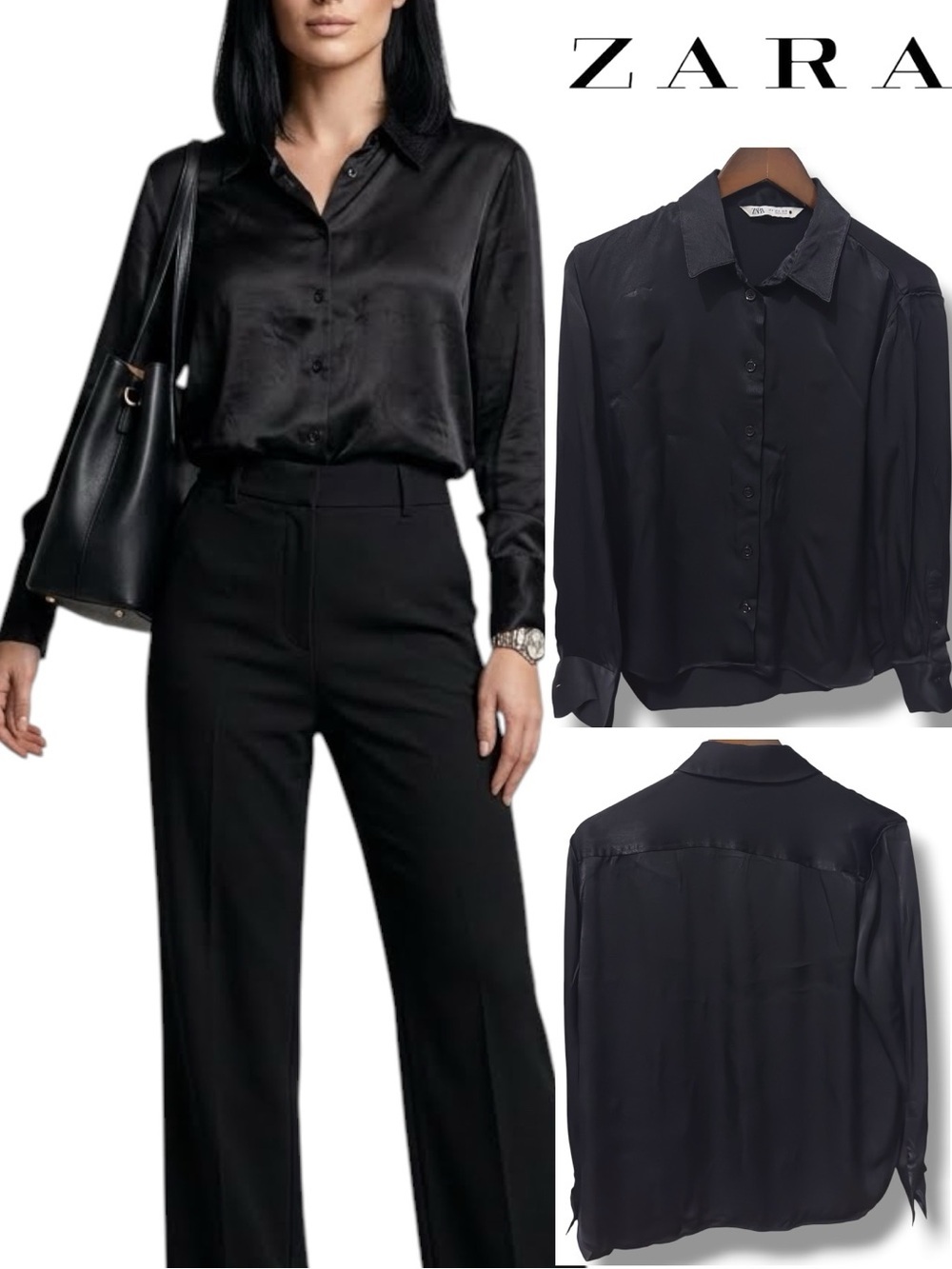 ZARA | EUC Black Satin Silky Button-Down Long Sleeve Shirt Blouse (Size M)